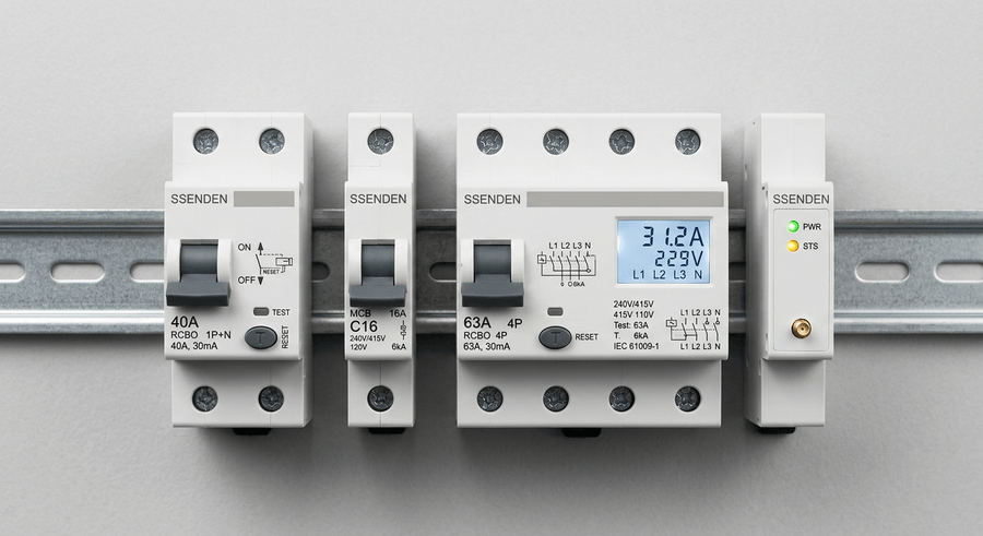 SSENDEN Breaker SE-RCBO-100 · Magnetotérmico diferencial 2P/4P con pantalla hasta 100 A