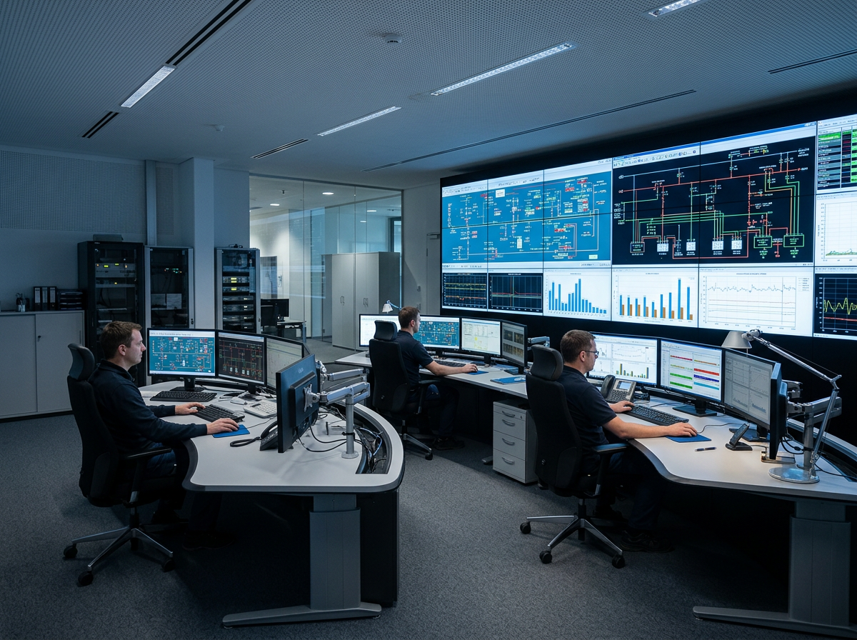 Sala de control con puestos de operador de varios monitores y un videowall con sinópticos